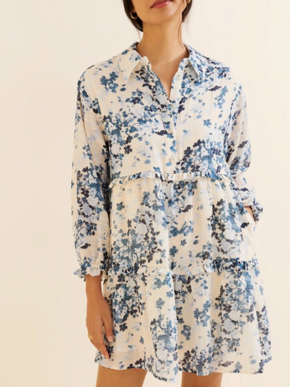 Anthropologie Maeve Bettina Ruffle Mini Dress XL Blue Floral Button Front - Picture 1 of 8